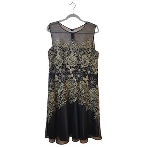 Tahari Edwin Black Gold Floral Embroidered Mesh Tulle Fit and Flare Dress